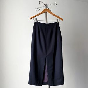 90s vintage navy blue high-waist minimalist wool midi skirt w deep front slit